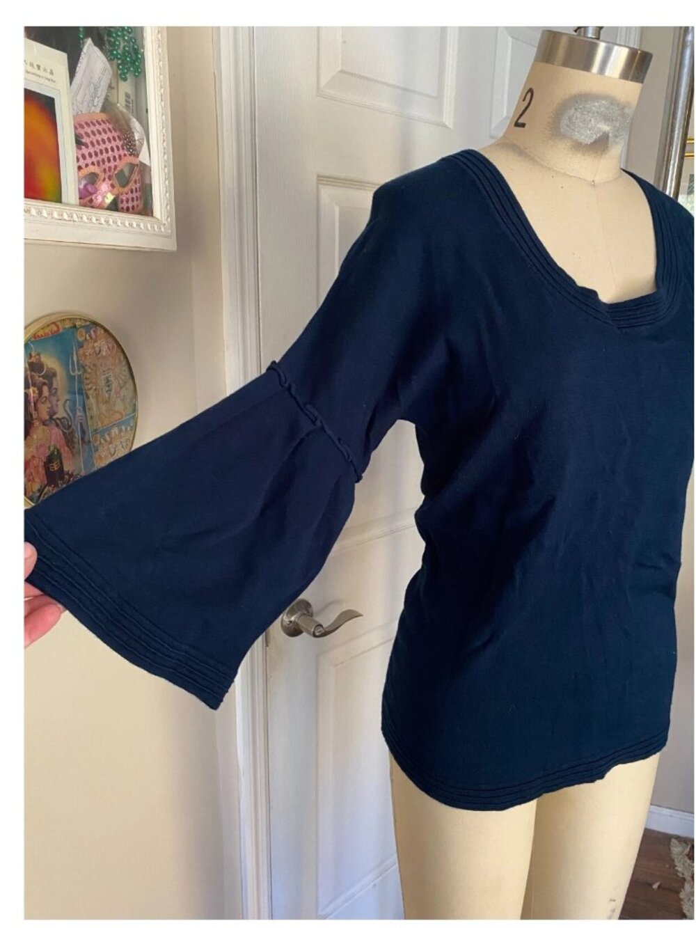 Design History TEAL SILK knit Bell Sleeve 3/4 Cuff Classic Tunic Shirt *MEDIUM*